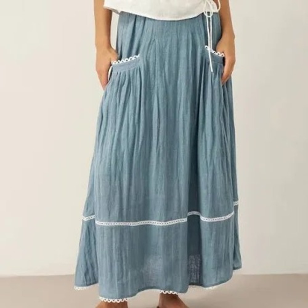 Lintico Maxi Skirt S Blue EUC Linen Blend Lace Trim Boho Pocket Cottage Crisp